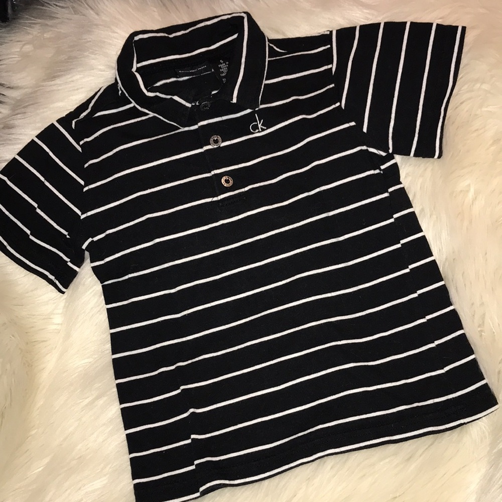 Boys Calvin Klein TEAL BLUE logo Shirt size 5 Black/White Polo stripe Top - Picture 3 of 9